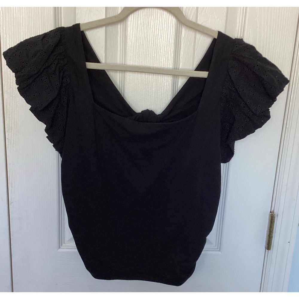 NWT! EXPRESS Size Medium Women's Black Tie Back Shirt/Top Puff Sleeve Eyelet